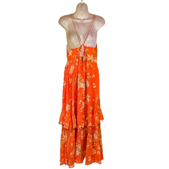 Urban Outfitters Orange/Yellow MultiColor Floral Strappy Ruffle Maxi Dress,Large - Picture 3 of 16